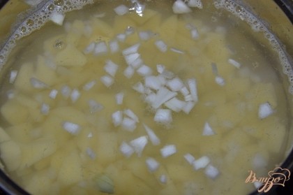Картофель моем, чистим и режем кубиками. Лук чистим, мелко нарезаем. Складываем ингредиенты в кастрюлю и заливаем холодной водой. Ставим на плиту.
