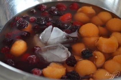 К шарикам дыни добавить ягоды по вкусу, залить холодным чаем, добавить мед по вкусу.