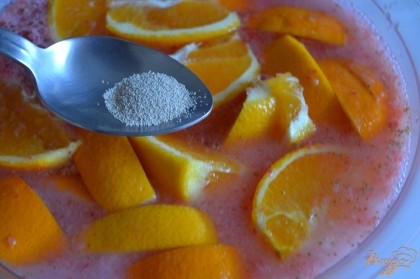 Добавить дольки  апельсин, налить 3 л. теплой воды и сухие дрожжи.Накрыть крышкой и убрать  в теплое место (на солнце) бродить в течении 5-6 часов.