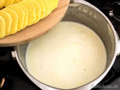 В кастрюлю налить сливки и молоко, положить чеснок, немного посолить.  Довести до кипения, затем опустить картофель.