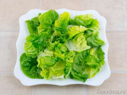 Формируем салат. Салатные листья помыть, обсушить, порвать кусочками и выложить на тарелку.