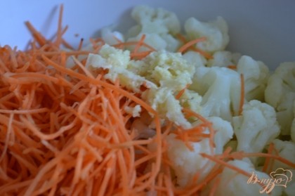 Добавить морковь и чеснок (выдавить через пресс)