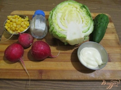 Для приготовления салата буду спользовать такие ингредиенты: капусту раннюю, редиску, кукурузу, соль, майонез, огурец.