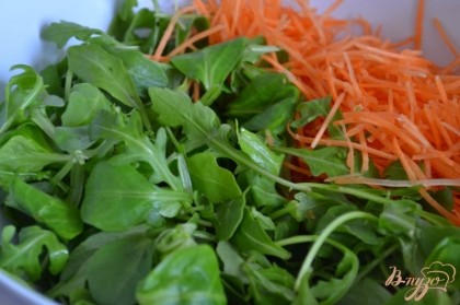 В другом салатнике смешать салатные листья и натертую тонко морковь.Добавить немного орехового масла и соль по вкусу.