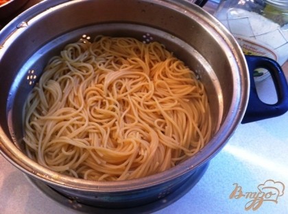 Сливаем спагетти, пару ложек жидкости, в котором варилось спагетти добавляем в соус.