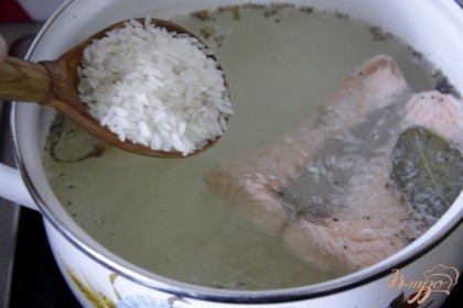 В рыбный бульон добавить рис, приправить.