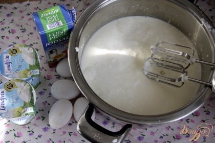 Взбить в глубокой кастрюле молоко, соль, сметану, яйца. Яйца - по вкусу. 4 домашних яйца придают сыру более яичный вкус (мужу такой понравился).