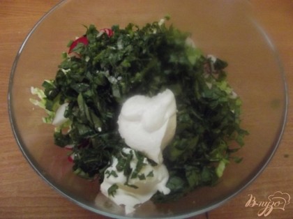 Всю зелень измельчите ножом и добавьте в салатник. Добавьте сметану и щепотку соли. Перемешайте и при необходимости посолите еще.
