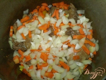 Добавляем овощи лук и морковь. Обжариваем вместе до полуготовности.