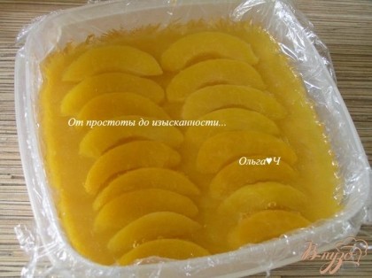 На застывший первый слой желе аккуратно выложить нарезанные персики, залить персиковым желе из сиропа. Убрать в холодильник до полного застывания.