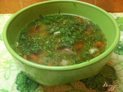 Готово! Готовому супу дайте настояться 30 и более. Подавайте горячим посыпав свежим укропом. Кушайте на здоровье!-)