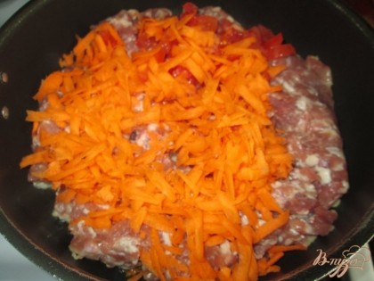 Во время жарки добавить к нему натертую морковь, чеснок, порезанный лук и помидор.