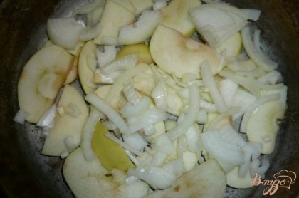 Дно сковороды для духовки смазываем небольшим количеством растительного масла. Выкладываем яблоки, сверху распределяем нарезанный лук.