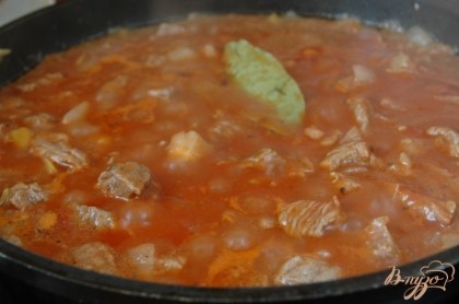 Воду (примерно стакан - полтора) соединить с томатным соусом. Залить мясо. Добавить соль, лавровый лист, молотый перец. Перемешать. Довести до кипения, тушить около 30 минут, мясо должно быть полностью готово.