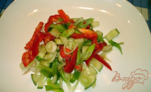 На порционную тарелку выложите овощной салат. Пред выкладыванием компоненты хорошо перемешать, чтоб соус не остался на дне салатника.