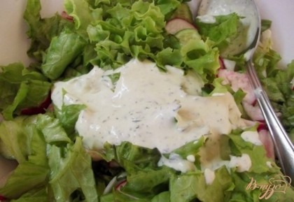 Полейте охлажденным соусом салат непосредственно перед подачей хорошенько перемешав салат.