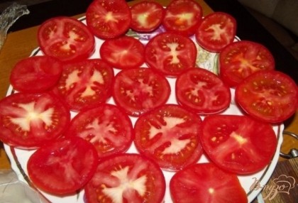 Вам понадобятся спелые но твердые помидоры. Вымойте их и нарежьте кружочками толщиной в 0,5-1 см.  Сверху слегка присолите, но не слишком (заправка будет тоже соленая).