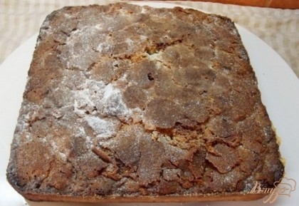 Готово! Подавайте пирог порезав на квадраты и присыпав сахарной пудрой, можно с ванильным кремом. Также он очень вкусен холодный с крепким черным кофе. Приятного вам аппетита! =)