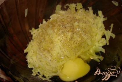 Отварите картофель в мундире. Еще теплый очистите его под холодной водой ( чтоб не обжечь руки). Потрите картофель на крупной терке. Добавьте соль, перец, яйцо и все смешайте.