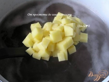 Картофель очистить, нарезать кубиками, добавить в кипящий грибной настой.