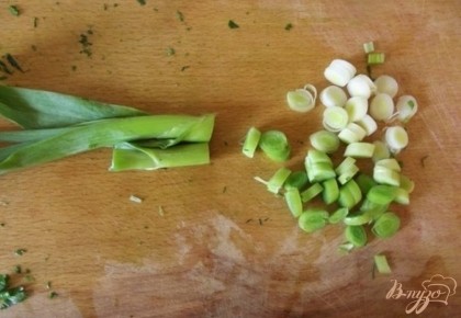 Зеленый лук порубите не слишком мелко. Очень хорошо заменить зеленый лук на лук порей, который по вкусу более деликатный.