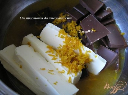 В кастрюльку выложить поломанный на кусочки шоколад, сливочное масло, сок и цедру апельсина.