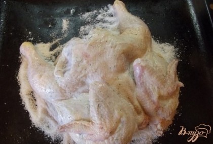 На горячую (очень) соль положите цыпленка ребрами вниз и отправьте в духовку минут на тридцать, в зависимости от размера цыпы.