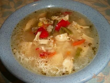 Готово! Рисовый суп с куриной грудкой и овощами готов, осталось только разлить его по порционным тарелкам и подать к столу. Подаем, конечно же, в горячем виде.
