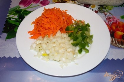 Морковь, лук, болгарский перец измельчить.