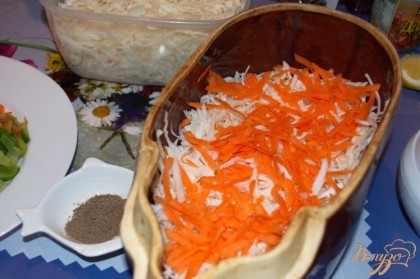 Заложите в форму для запекания 50 % капусты. Добавьте по жмене моркови и лука. Перемешайте. Соль и перец по вкусу.