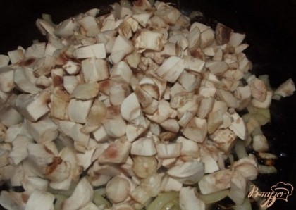 Разогрейте хорошенько сковородку и сначала обжарьте в течении трех-четырех минут лук. А потом уже кладите грибы. Посолите начинку по вкусу. Добавьтеи 100 мл воды и тушите без крышки 5 минут, потом накройте и тушите до готовности.