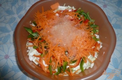 Смешиваем нарезанную капусту с перцем и морковью. К овощам добавляем одну неполную столовую ложку соли, три столовых ложки сахара, по 100 мл подсолнечного масла без запаха и уксуса.