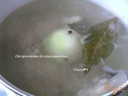 Рыбу поместить в холодную воду, довести до кипения, добавить лук с воткнутыми в него соцветиями гвоздики, и лавровый лист. Варить 20-30 минут.
