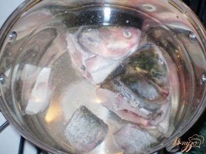Наберите холодную воду в кастрюлю. Положите вымытые рыбные головы (обязательно удалите предварительно жабры). Почему в холодную? Я объясню, если вы хотите получить вкусный бульон - закладывайте мясо-рыбу в холодную воду, если ваш результат рыба-мясо, то обязательно в кипяток. Солить не нужно. Доведите до кипения и варите на слабом-слабом огне под крышкой, если бурлить сильно бурлить - суп получится мутным. Еще хочу сказать, что правильно рыбу мелкую и головы варить в марле, нам ведь нужен только бульон, а перед закладкой овощей их вынять. Если же вы варите на рыбном филе, то марля не нужна.