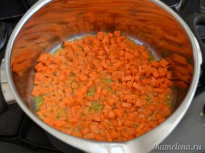 В кастрюлю с толстым дном налить растительное масло. Выложить морковь, жарить 3 минуты.