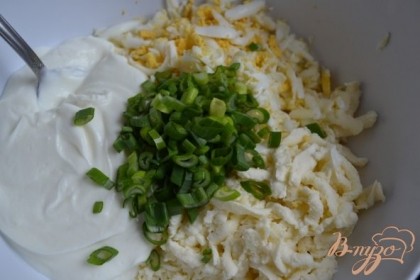 Сыр и яйца натереть на крупной терке, добавить творог, зеленый лук  и соль по вкусу.