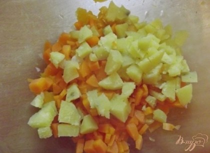 Следующим шагом достаньте морковь и очистите от кожуры (если не сделали этого до того, как положили варится). Нарежьте ее (не остужая) кубиками чуть мельче, чем тыкву. Картофель тоже нарежьте кубиками, самыми крупными.