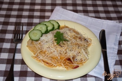 Готово! Выложите на тарелку спагетти. Посыпьте сыром и подайте к столу.