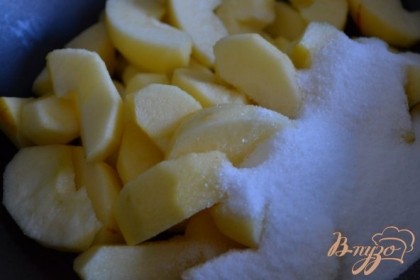 Яблоки почистить от кожуры и вынуть серединку с семечками. Разрезать на дольки, посыпать сахаром по вкусу (зависит от сорта яблок), добавить 100 мл. воды и поставить на тихий огонь до готовности яблок.