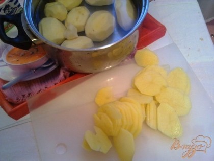 Очищаем картофель и нарезаем тонкими кружочками