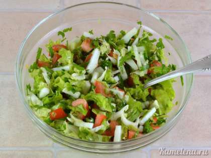 Сложить в салатник капусту, помидоры, листья салата, петрушку. Полить растительным маслом, посолить по вкусу, перемешать.
