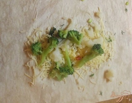 Брокколи и цветную капусту разделите на мелкие соцветия и выложите поверх сыра.