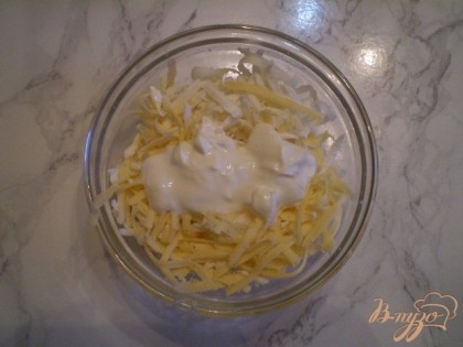 Два вида сыра смешиваем с солью и сметаной, можно добавить зубчик чеснока для пикантности.