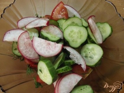 Смешайте все овощи в салатнике и посолите по вкусу.