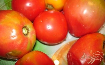 Вымытые томаты ошпарить кипятком на 2 минуты( залить кипятком). После обдать холодной водой. Очистить томаты от шкурки.