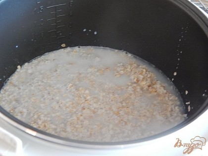 Добавляем щепотку соли, сахар, 1-2 ст.ложки по вкусу, молоко и воду. Включаем печку.