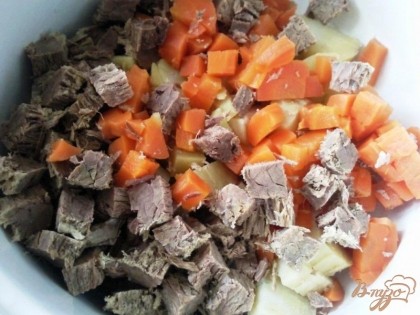 Отварим картофель,морковь,яйца. Охладим и нарежем кубиками.Говядину отварим заранее до мягкости.