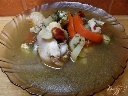 Готово! Готовый суп подаем теплым, положив в каждую тарелку куриную ножку целиком. Приятного вам аппетита!=)