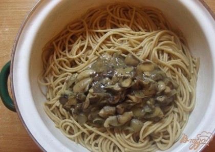 Спагетти отварите в подсоленной воде до готовности, откиньте на дуршлаг и верните в кастрюлю. Выложите в них грибы и перемешайте. Заправлять спагетти больше ничем не нужно.