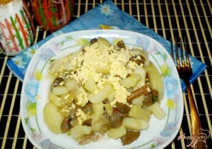 Готово! Картофель с юшкой и грибами готов! Можно подать к столу со сметаной, желтком или любимым соусом. Приятного аппетита!